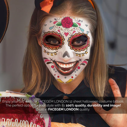 12 PCS Day of the Dead Costume Tattoos for Halloween - Temporary Sugar Skull Face Stickers for Makeup, Masquerade, Parties. Halloween tattoos, Face & Body Tattoos for Events. Day of the Dead Tattoos
