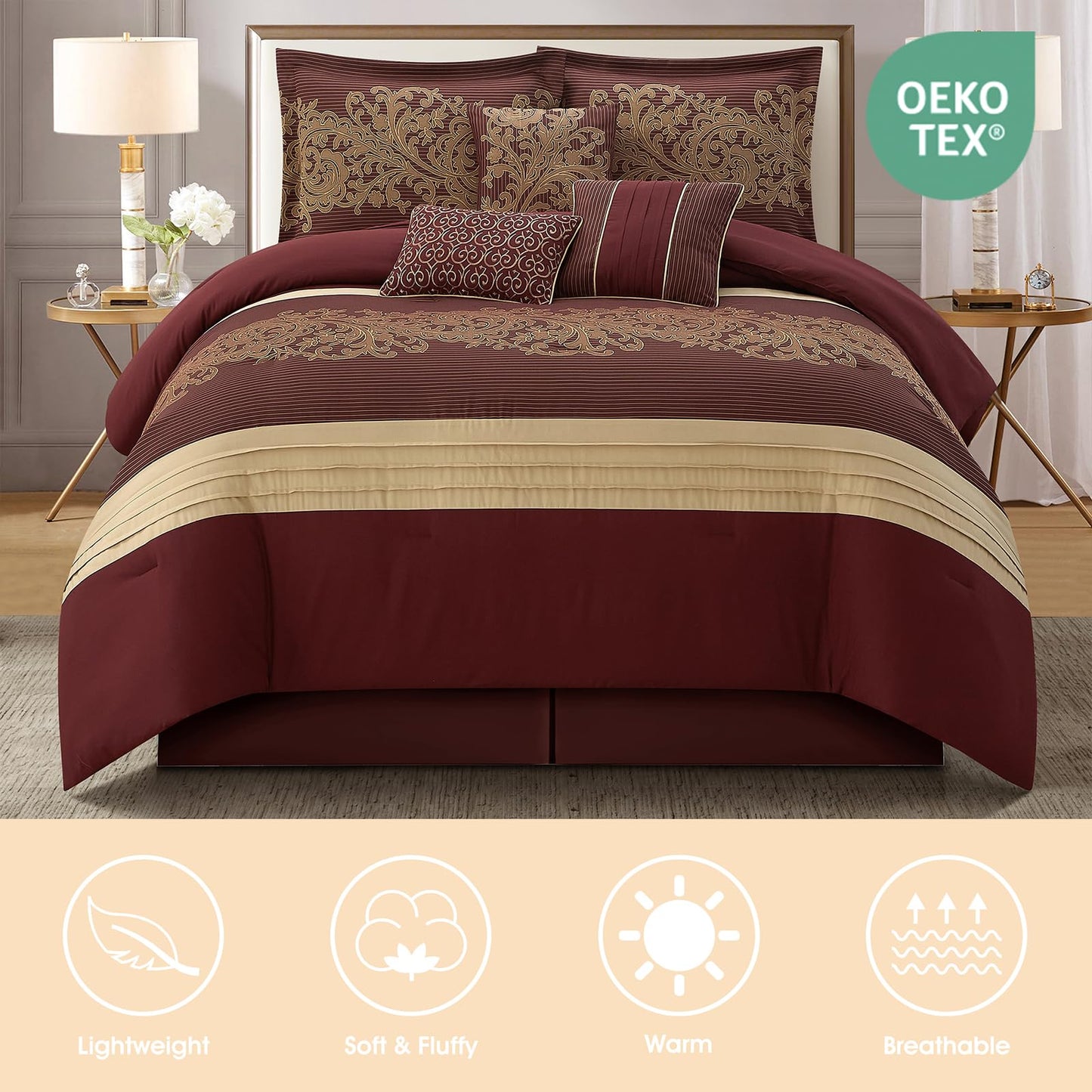 LANCO MODERN LIFESTYLE Red Gold Comforter Set, Queen, Damask Jacquard with Matching Solid Piece Work, 7 Piece Soft Bedding Set for All Season, Bed Skirt, Pillow Shams and Decorative Pillows