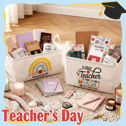Breling 4 Pcs Teacher Appreciation Gift Basket Empty Best Teacher Ever Storage Baskets with Handle Large Collapsible Storage Bins Box for Teacher's Appreciation Week Book Office, 15 x 10 x 8 in