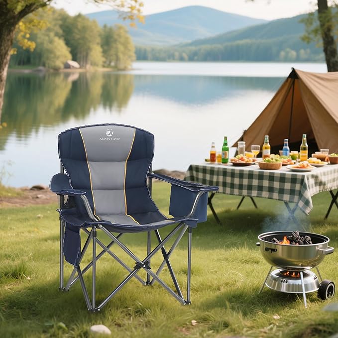 ALPHA CAMP Heavy Duty Camping Chair 500LBS Capacity, Oversized Folding Chair for Heavy People, Padded Portable Outdoor Chair with Cooler Bag & Cup Holder for Camping, Fishing, Beach