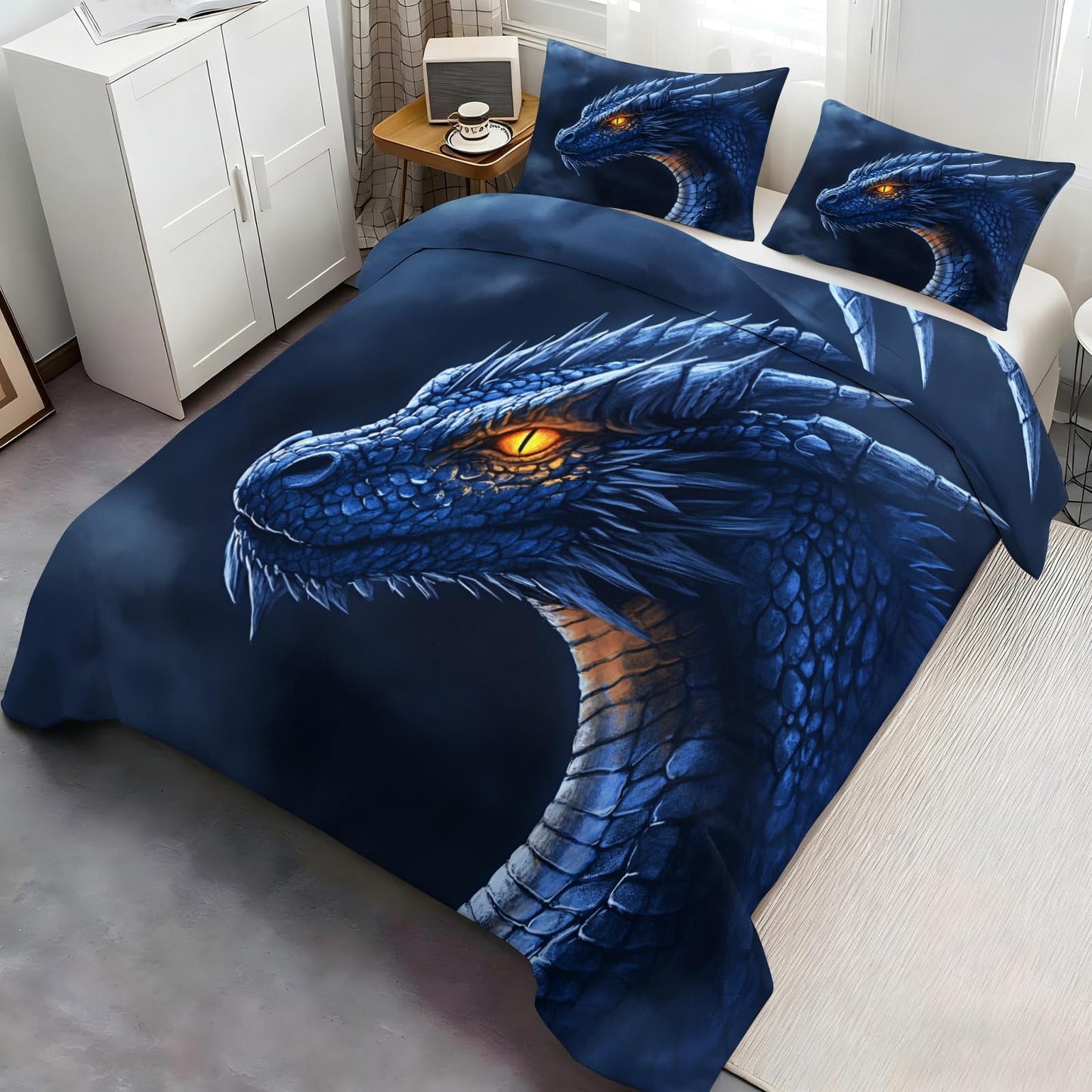 Twin Size Duvet Cover Dragon Print Duvet Cover Dragon Comforter Cover Demon Wyrm Bedding Kids Room Bedding Decor (Reversible Printing)