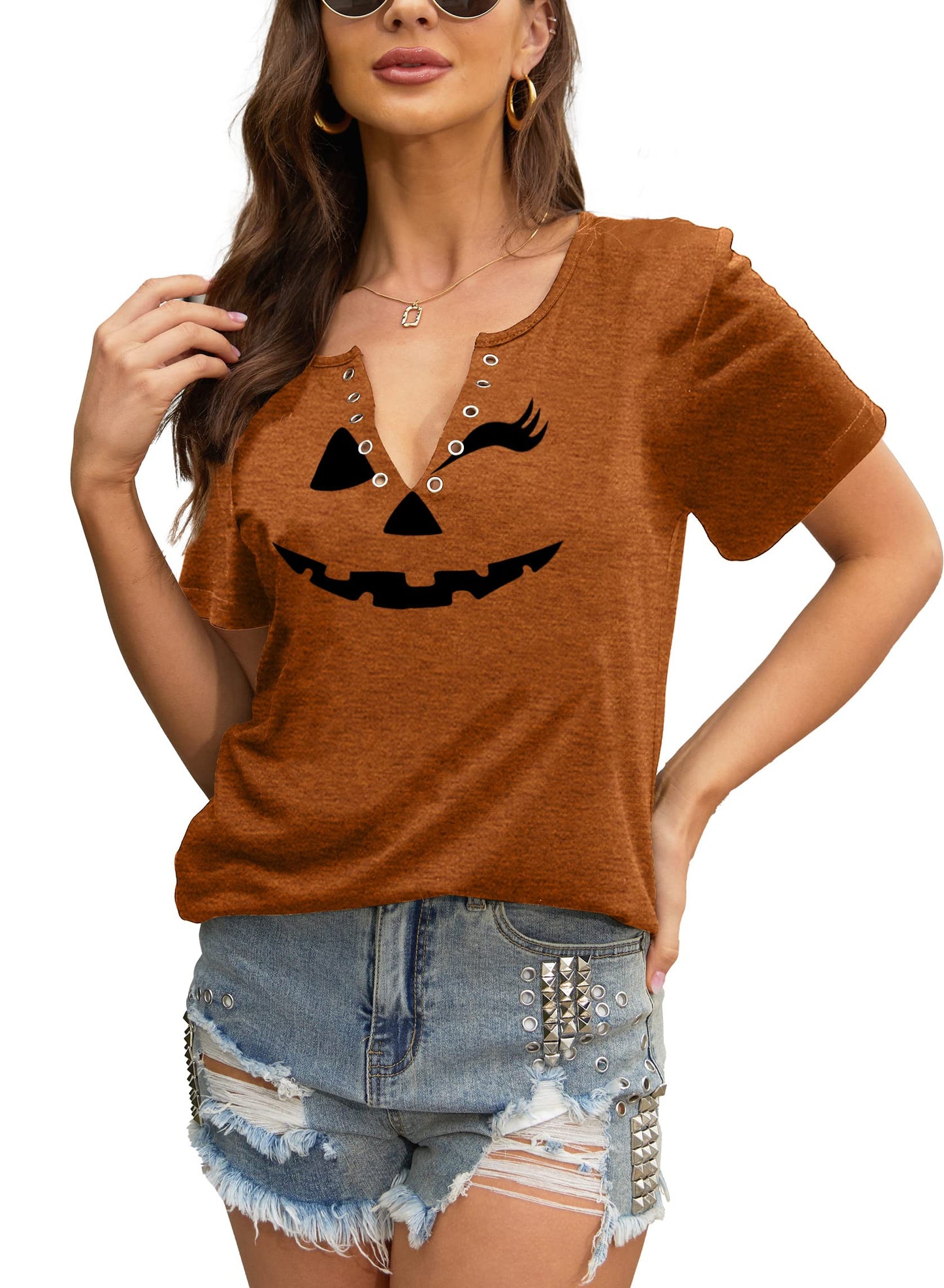 MAIHUN Halloween Pumpkin Face Shirts for Women Hocus Pocus Shirt Funny Pumpkin Tee Tops