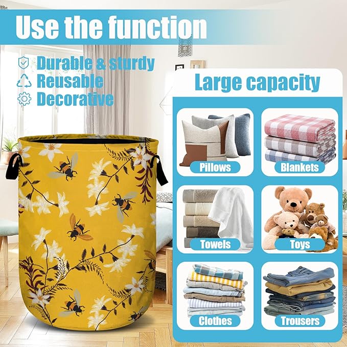 Bee Flower Laundry Basket, Spring Floral Laundry Hamper Collapsible Oxford Cloth