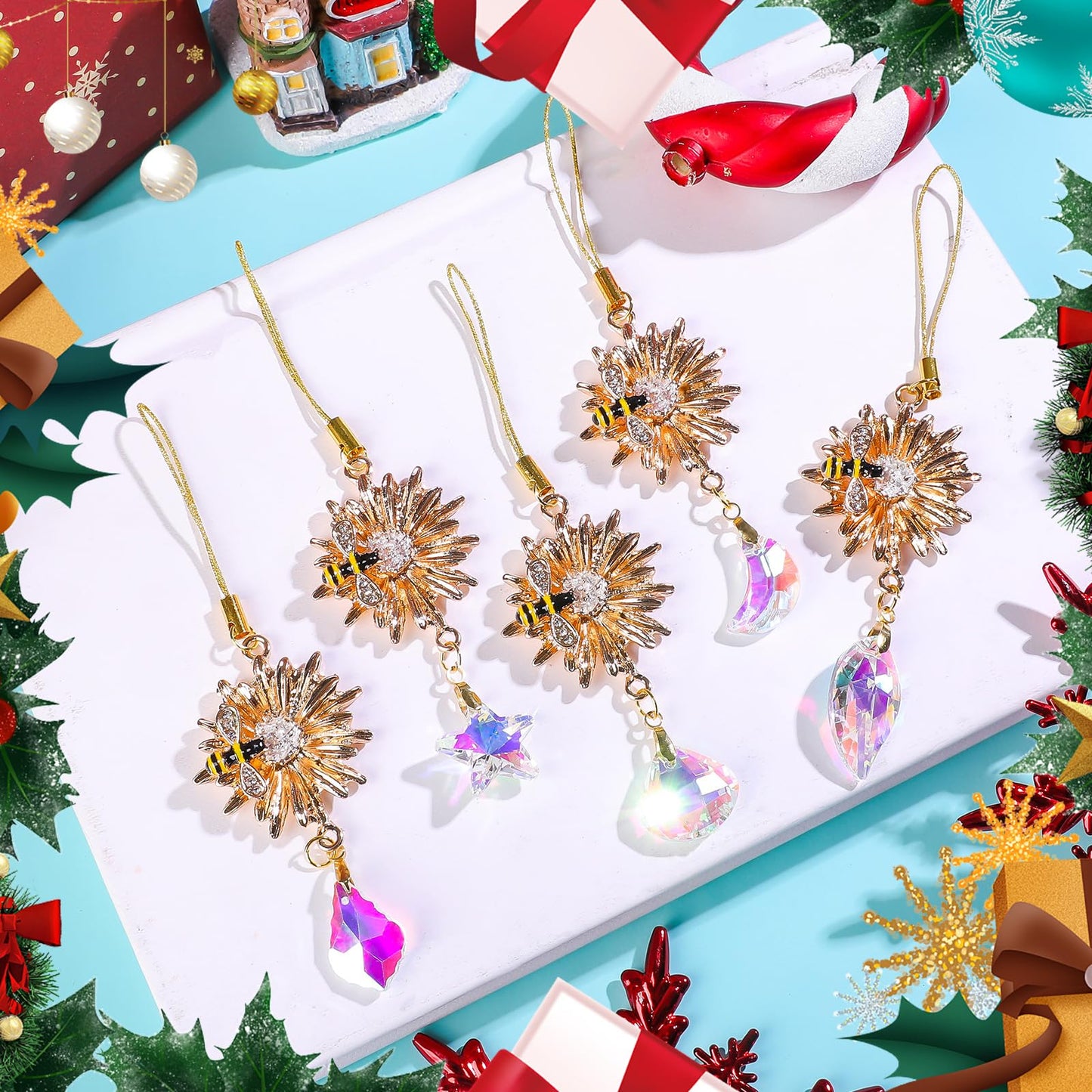 5Pcs Crystal Suncatchers Glass Prisms Christmas Tree Decorations Gold Flower Bee Hanging Crystal Ornament Wedding Party Home Decor