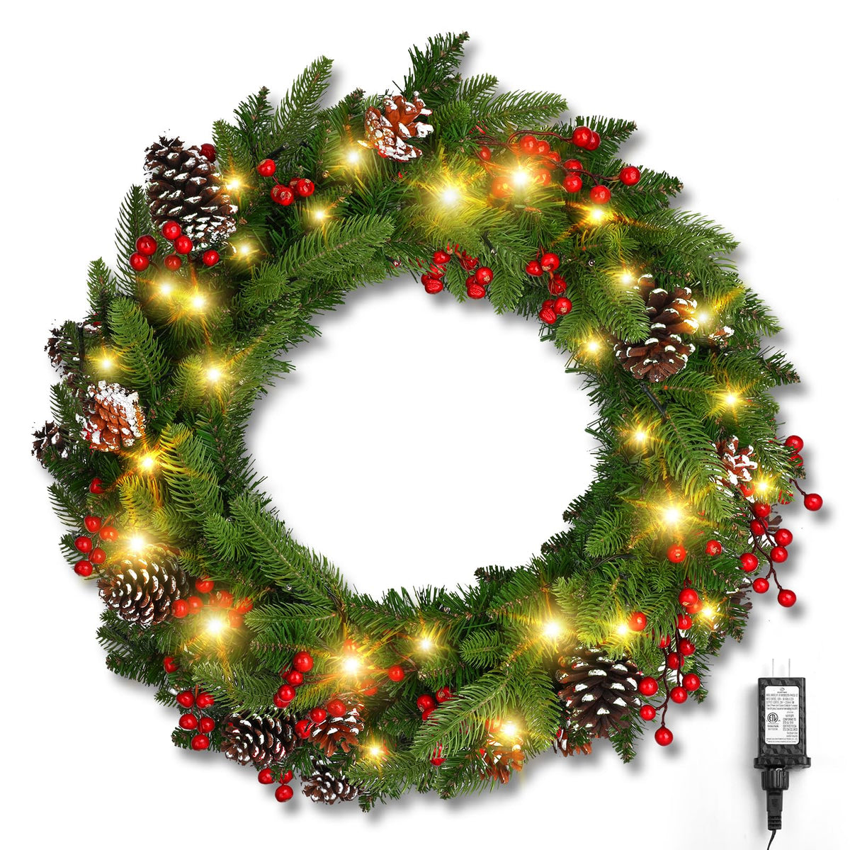 Brightown 24 Inch Pre-Lit Artificial Christmas Wreaths for Front Door,Christmas Decorations Indoor with Pine Cones & Berry Clusters, Christmas Wreath with 50 Lights for Fireplace Wall Window, Plug-in
