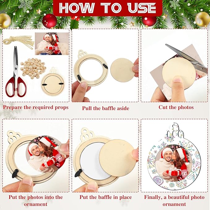 Blulu 24 Pcs Christmas Unfinished Picture Ornament Bulk Wooden Round Photo Frame Hanging Ornaments for Christmas Tree Stockings Decorations
