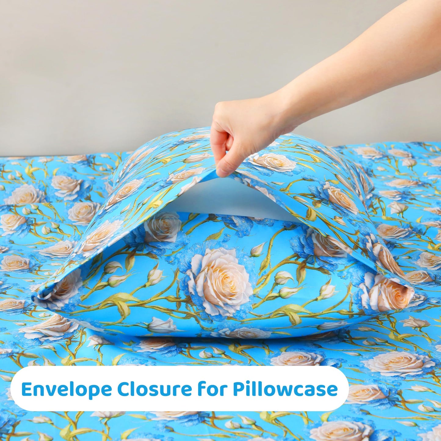 Mooreeke Cozy Floral Microfiber Printed Twin Sheet Set - Soft & Breathable 3D Rose Bed Sheets with Deep Pocket - Non-Slip Fitted Design - Blue White Rose Pattern - Queen