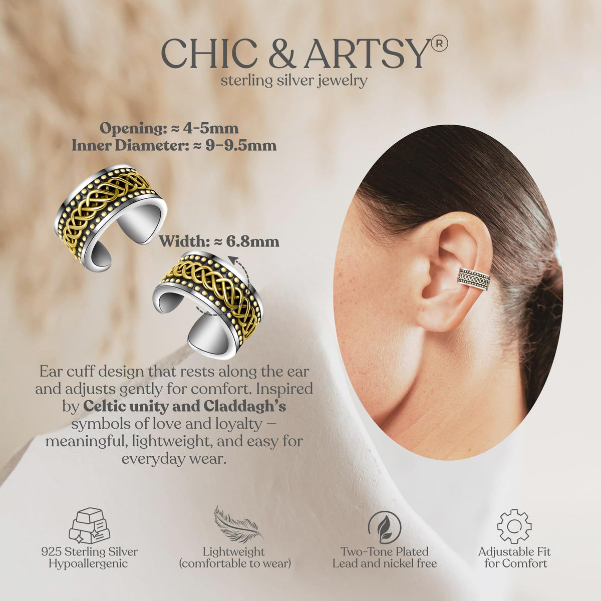 CHIC & ARTSY 925 Sterling Silver Ear Cuffs Earrings Goth Celtic Knot Adjustable No Piercing Ear Cuffs Wide Ear Lobe Cuff Viking Ear Cuff For Women Men
