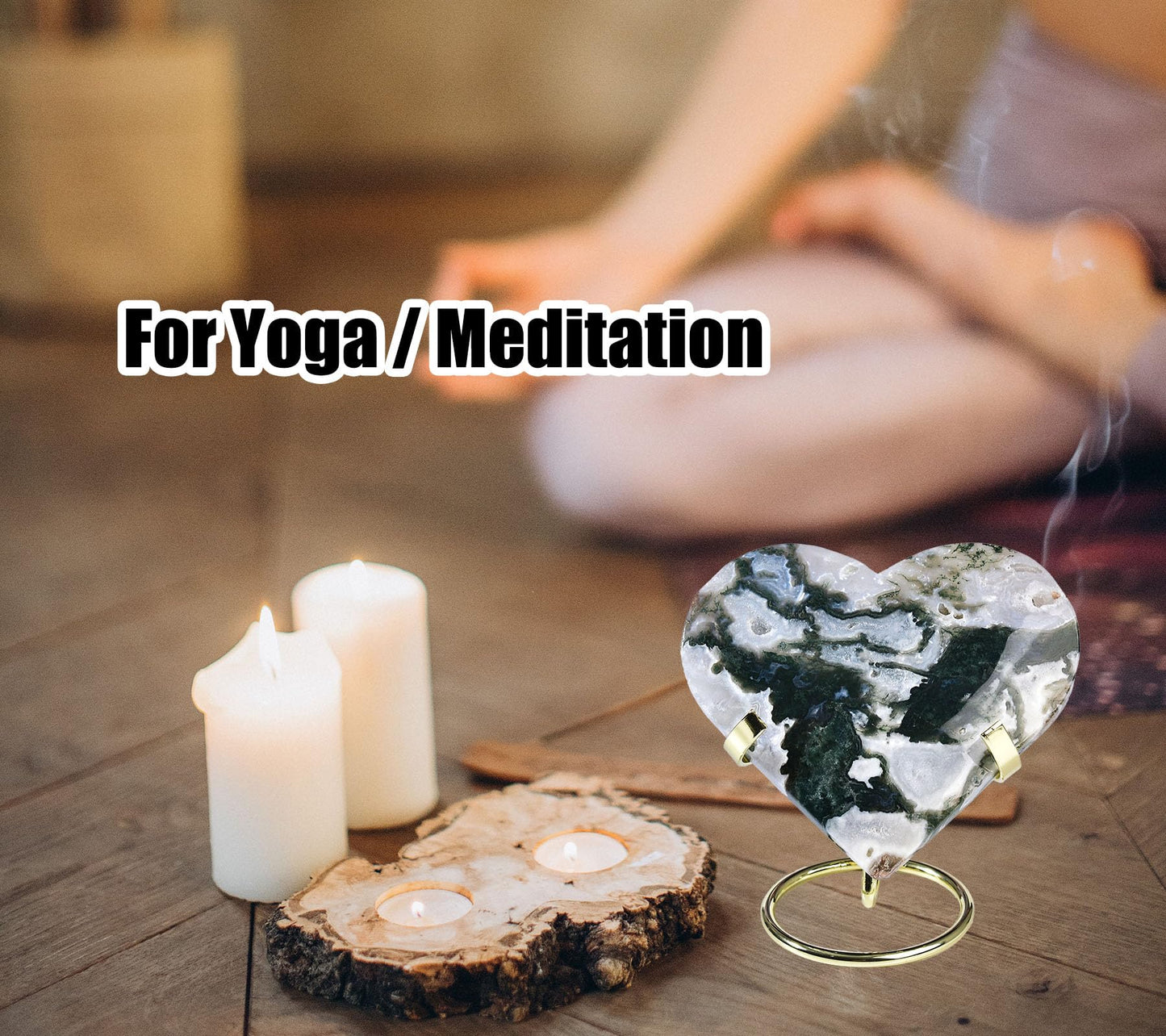 AMOYSTONE Large Heart Shaped Rock Stone Moss Agate Heart Rock Collection Mineral Specimen Home Office Decor, 4.5-5"/pc with Golden Alloy Bracket