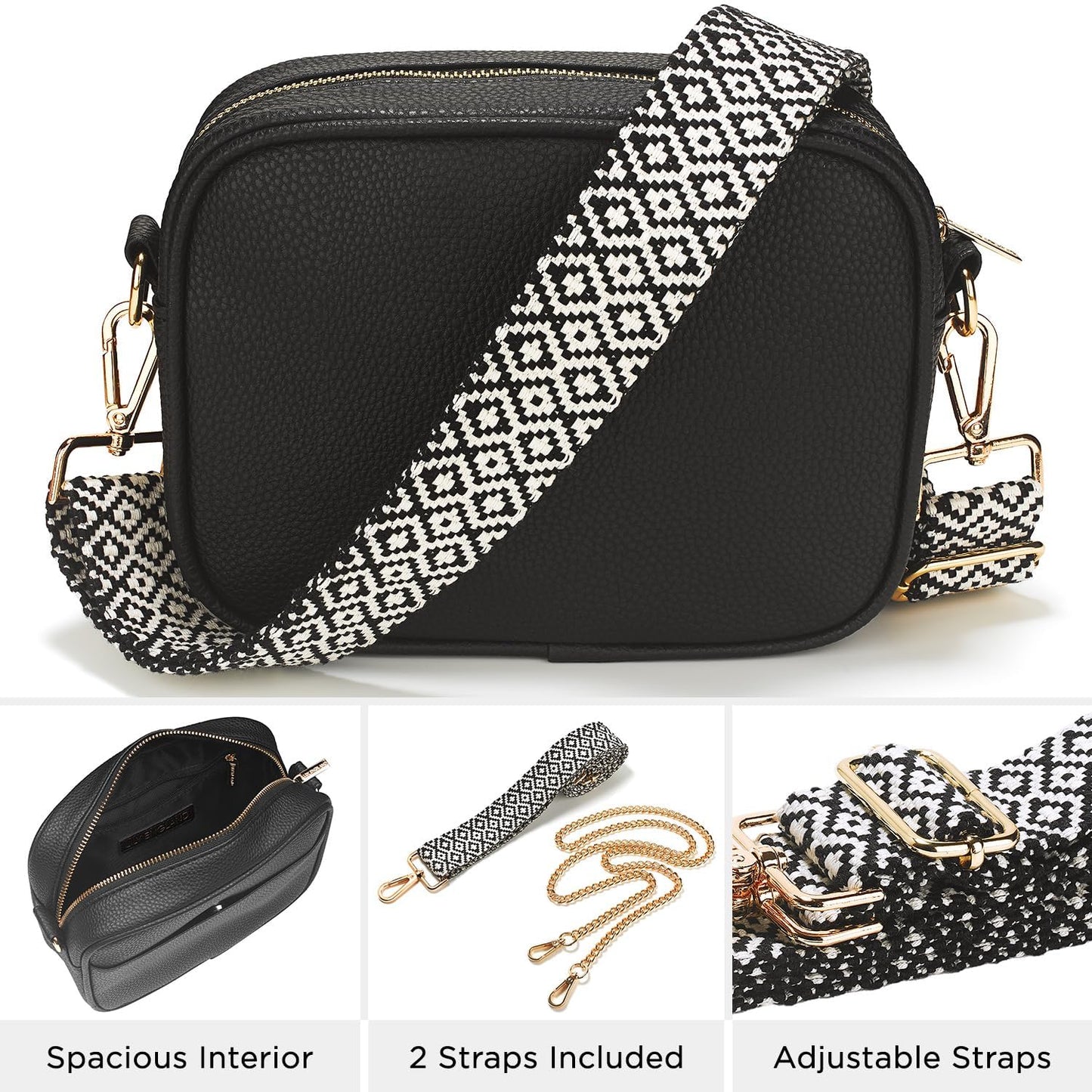 Lily England Cross Body Bag Women - Multiple Pockets - Adjustable Wide Strap and Chain - Black Handbag Crossbody - Over the Shoulder Bag