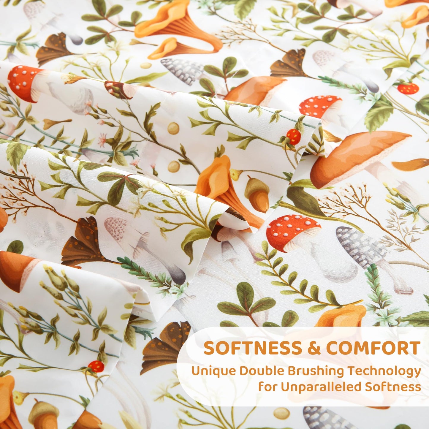 Mooreeke Cozy Vintage Microfiber Printed King Sheet Set - Soft & Breathable Percale Mushroom Forest Bed Sheets with Extra Deep Pocket - Non-Slip Fitted Design - Jungle Mushroom Leaves Pattern - King