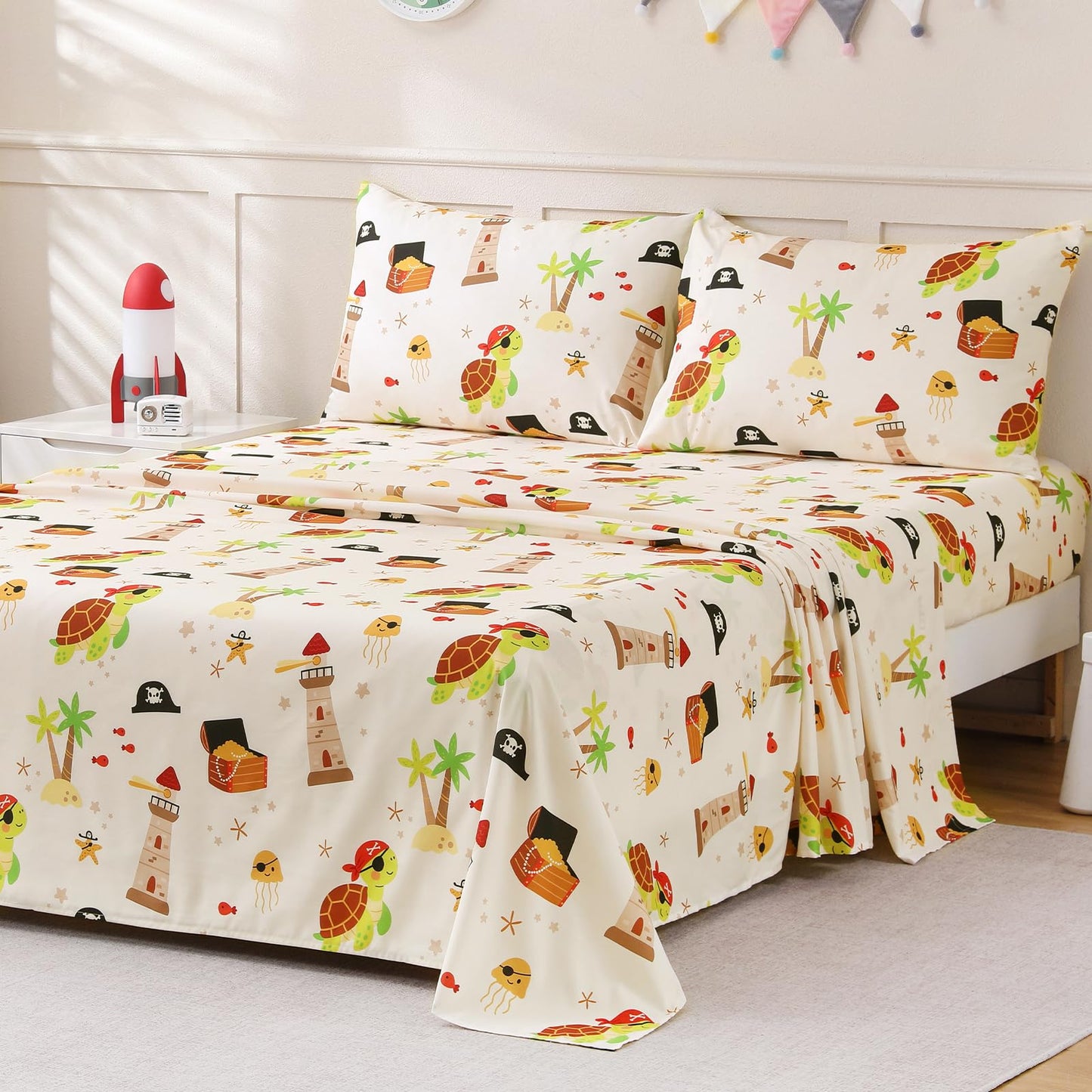 ChicView Full Sheet Set Kids,4 Pieces Breathable Soft Microfiber Bedsheets for Child Boys Girls, Anti Pilling Deep Pockets Easy Care Bed Sheets, Turtle