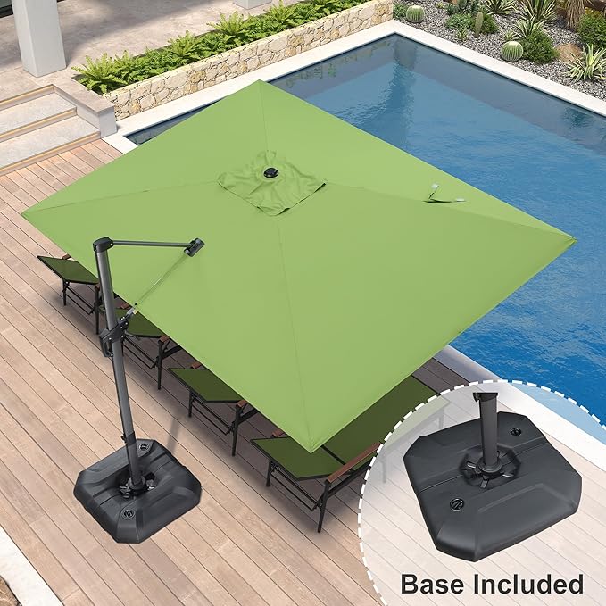 PURPLE LEAF 9' X 11.5' Square Cantilever Umbrella Patio Umbrella with Base Outdoor Umbrella Aluminum Offset with 360-degree Rotation for Garden Deck Pool Patio Apple Green