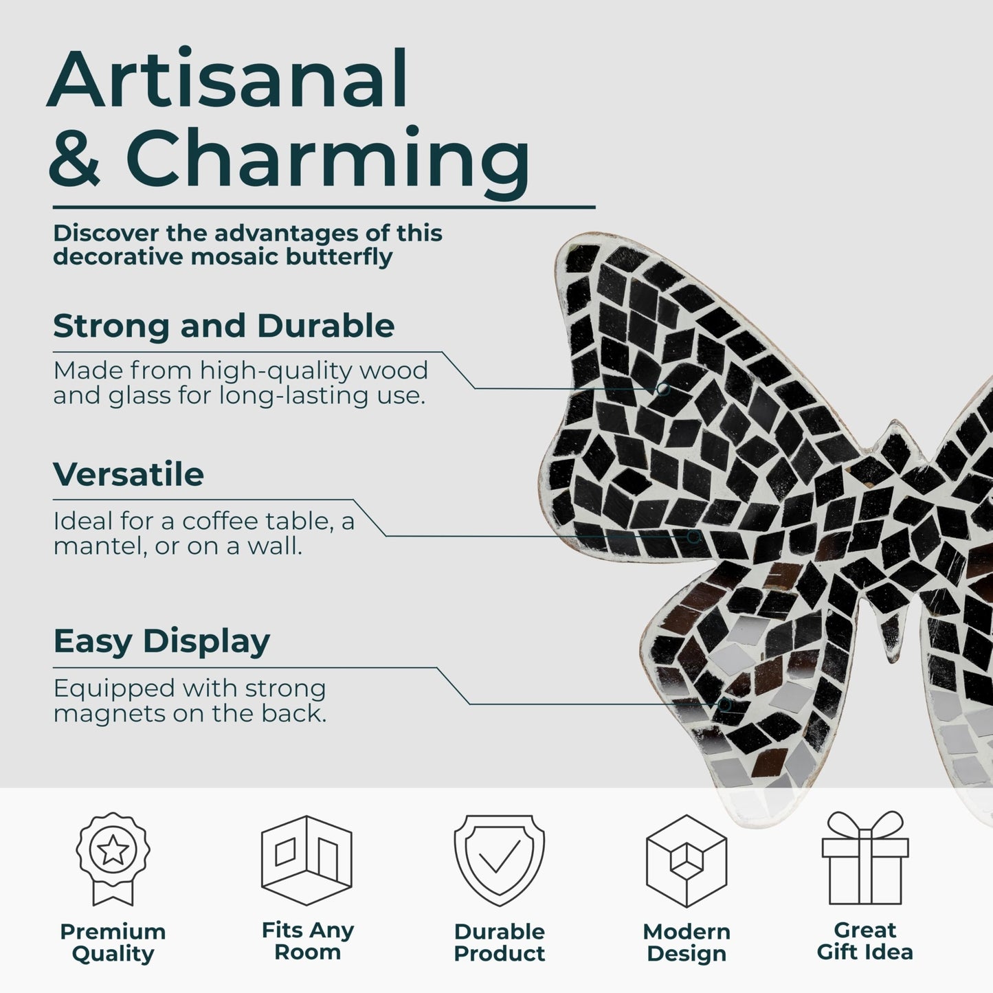 Decorative Sculpture Table Top – Glass Mosaic Butterfly Overmantel Modern Coffee Table Decor - Mango Wood Accent Piece for Coffee Tables, Shelves & Living Rooms – Elegant Home Decor – 5", White