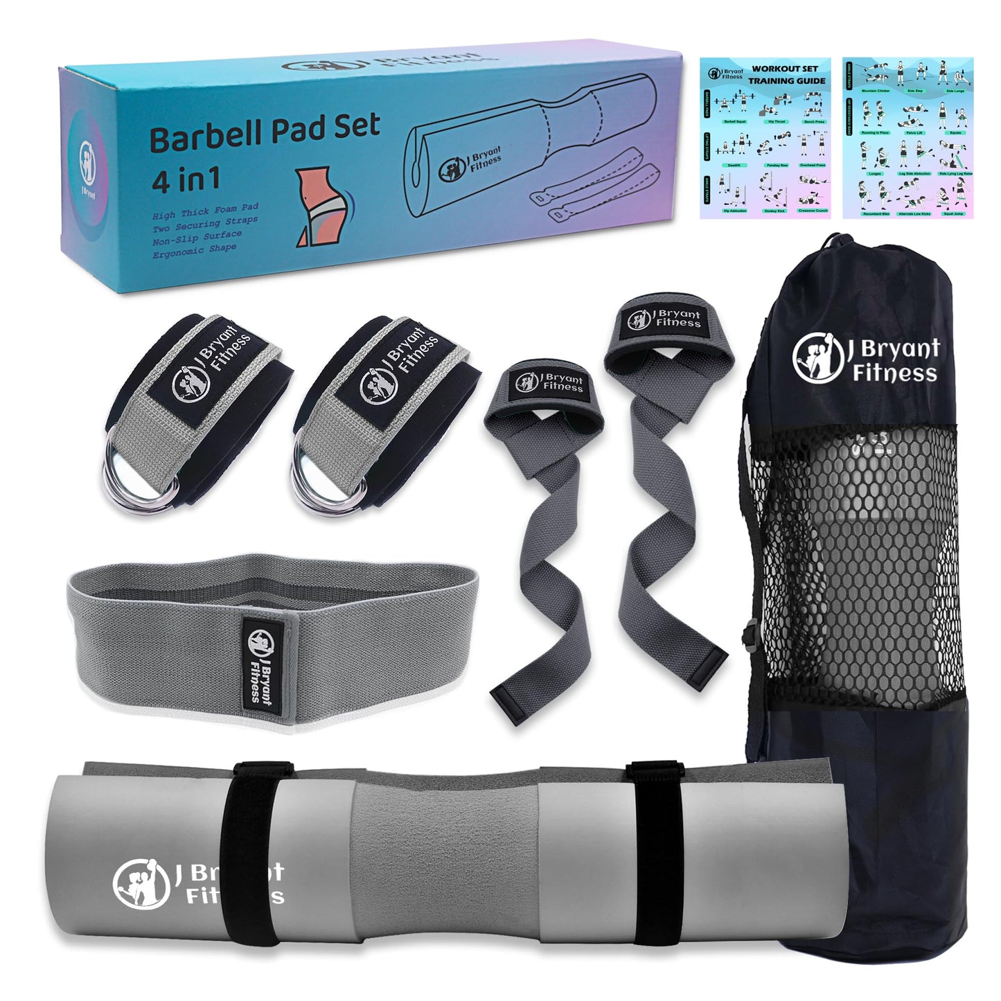 J Bryant Barbell Pad Set with 2 Ankle Straps for Cable Machines Hip Resistance Band Weight Lifting Straps Thick Cushion Hip-Thrusts Pad with Carry Bag for Squats Bench Press Workout