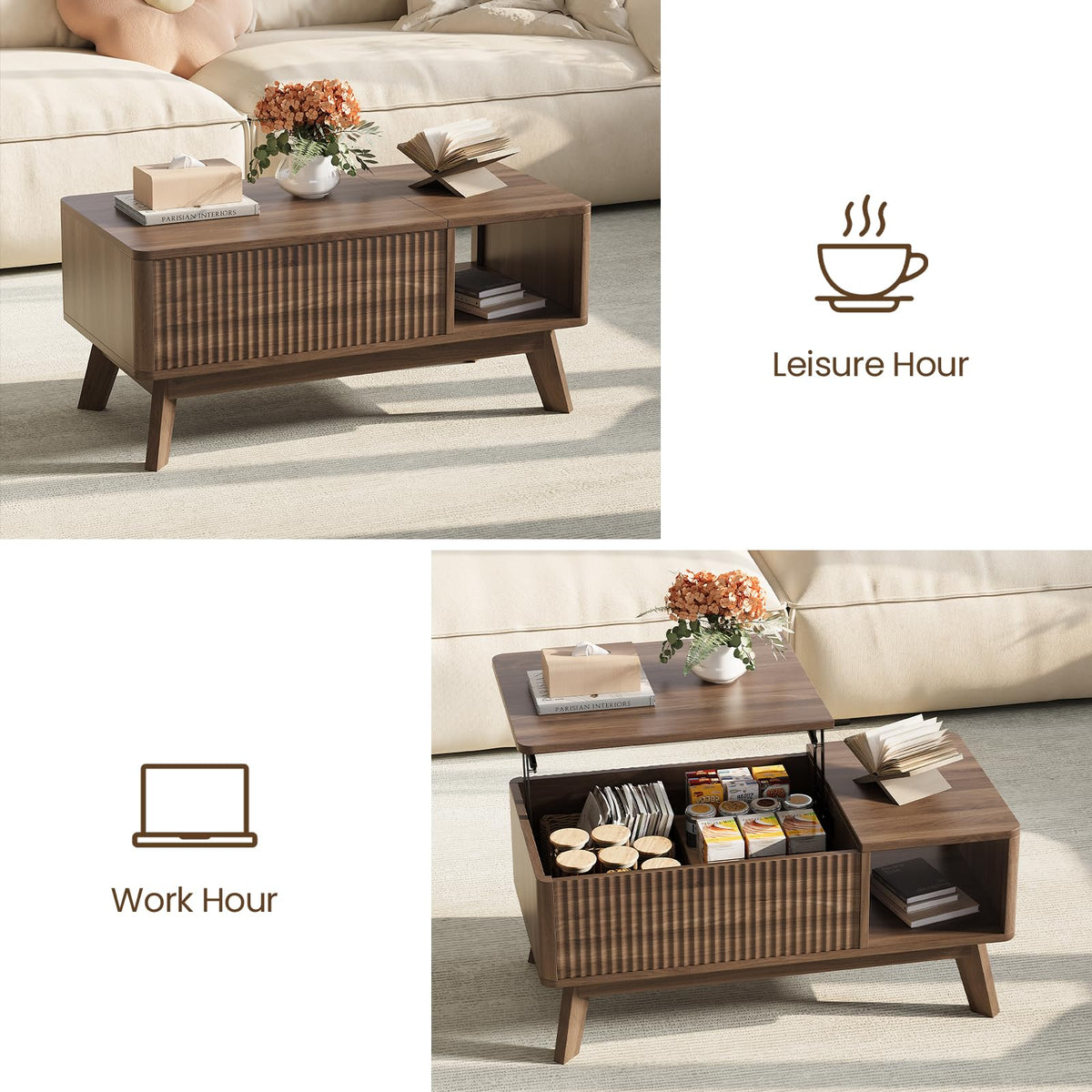 TROJM Wood Lift Top Coffee Table with Hidden Compartment and Large Storage Shelf, Lift Tabletop Dining Center Table for Home Living Room Office,Walnut