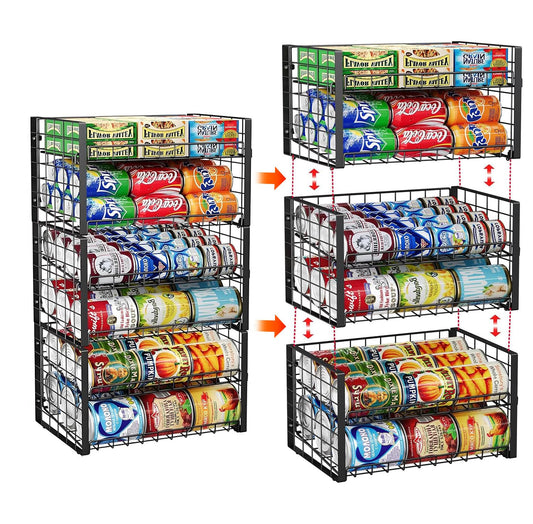JKsmart 2-Tier Stackable Can Rack Organizer for Pantry, Adjustable Can Dispenser Holds Up to 62 Cans, Can Storage Holder for Various Ounces of Canned Food Soda Drinks, Black, 2 Pack (Petent Pending)