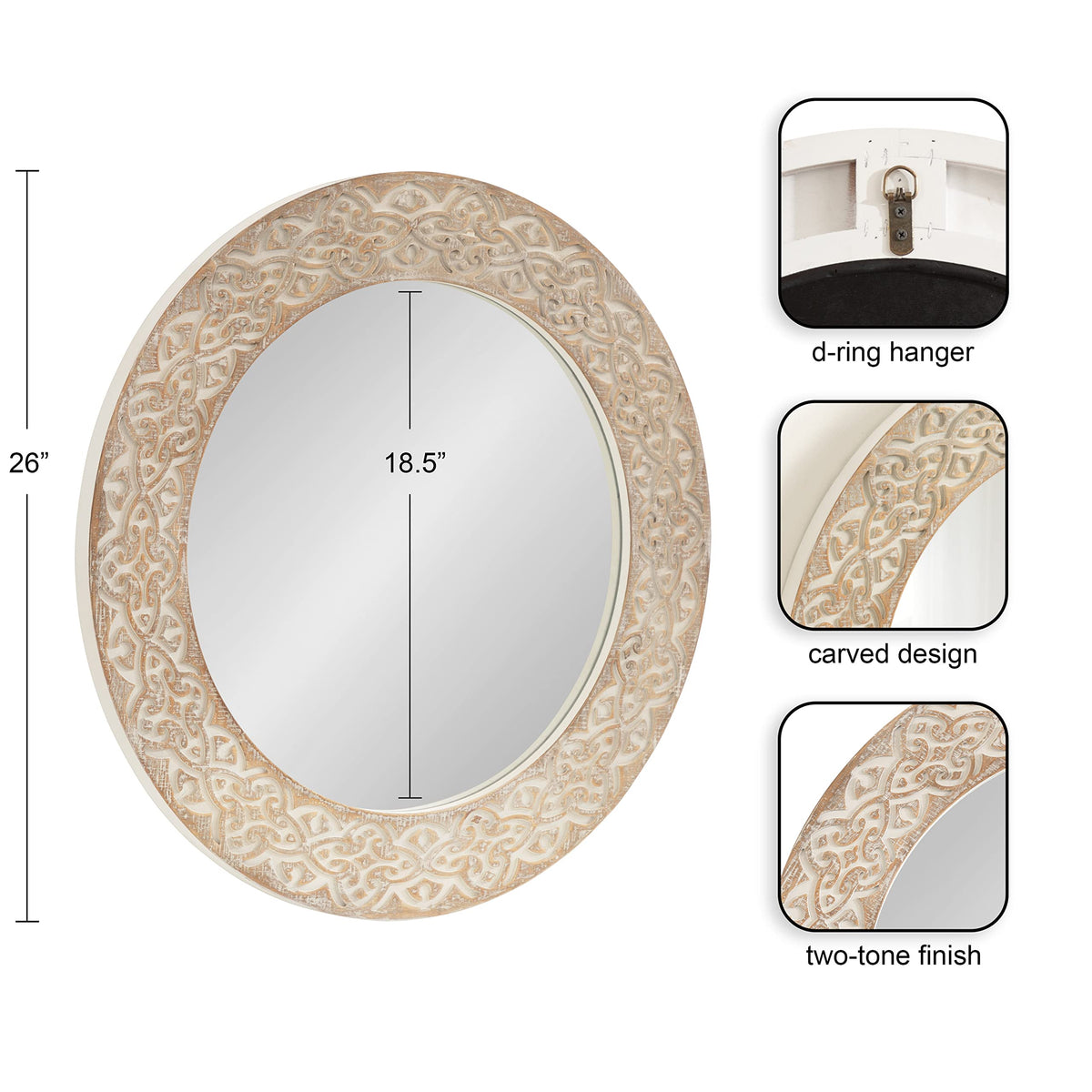 Kate and Laurel Engrahm Rustic Engraved Wooden Round Mirror, 26 Inch Diameter, Rustic Brown and White, Modern Farmhouse Distressed Circle Mirror for Use as Bathroom Mirror for Over Sink