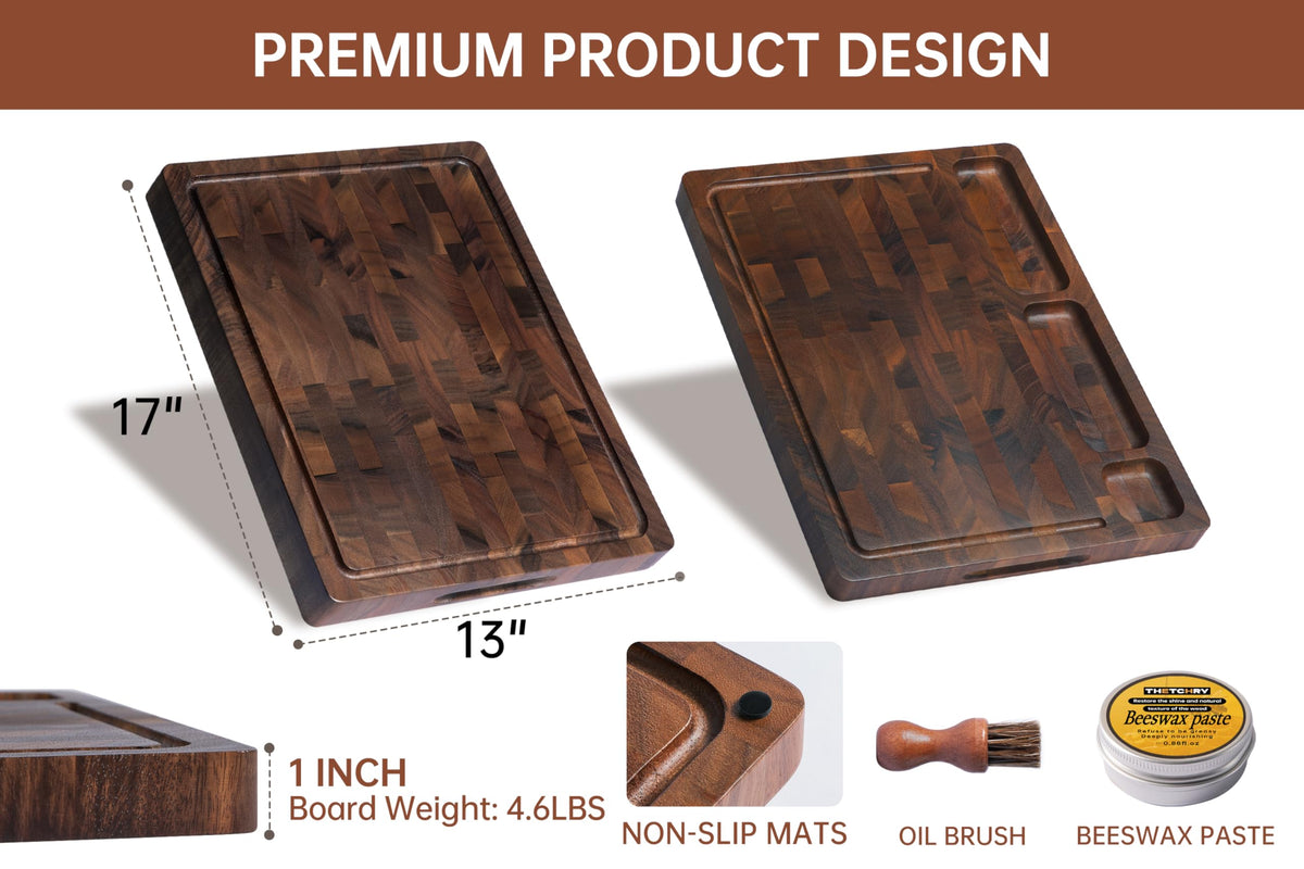 THETCHRY Walnut Wood Cutting Boards for Kitchen, End Grain Chopping Board Double Sided, Large Cutting Board with Handle, Charcuterie Butcher Block for Meal Prep & Serving with Gift Box, 17"×13"×1"