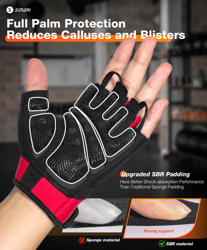SIMARI Breathable Workout Gloves for Men & Women, Weight Lifting Gloves with Padded, Grip, Full Palm Protection, Gift for Gym Exercise, Cycling, Weightlifting Training, Fitness, Red, Size S