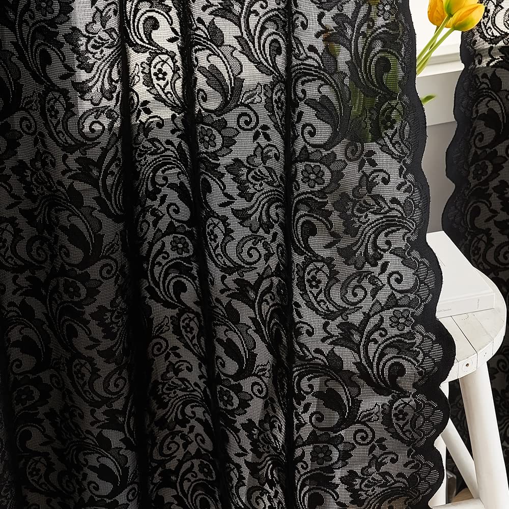 ALIGOGO Black Lace Halloween Curtains for Living Room Luxury Gothic Sheer Curtains 84 inches Long Boho Doorway Curtains Witchy/Goth Room Decor 52 x 84 Inch Black