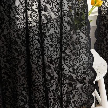 ALIGOGO Black Lace Halloween Curtains for Living Room Luxury Gothic Sheer Curtains 84 inches Long Boho Doorway Curtains Witchy/Goth Room Decor 52 x 84 Inch Black