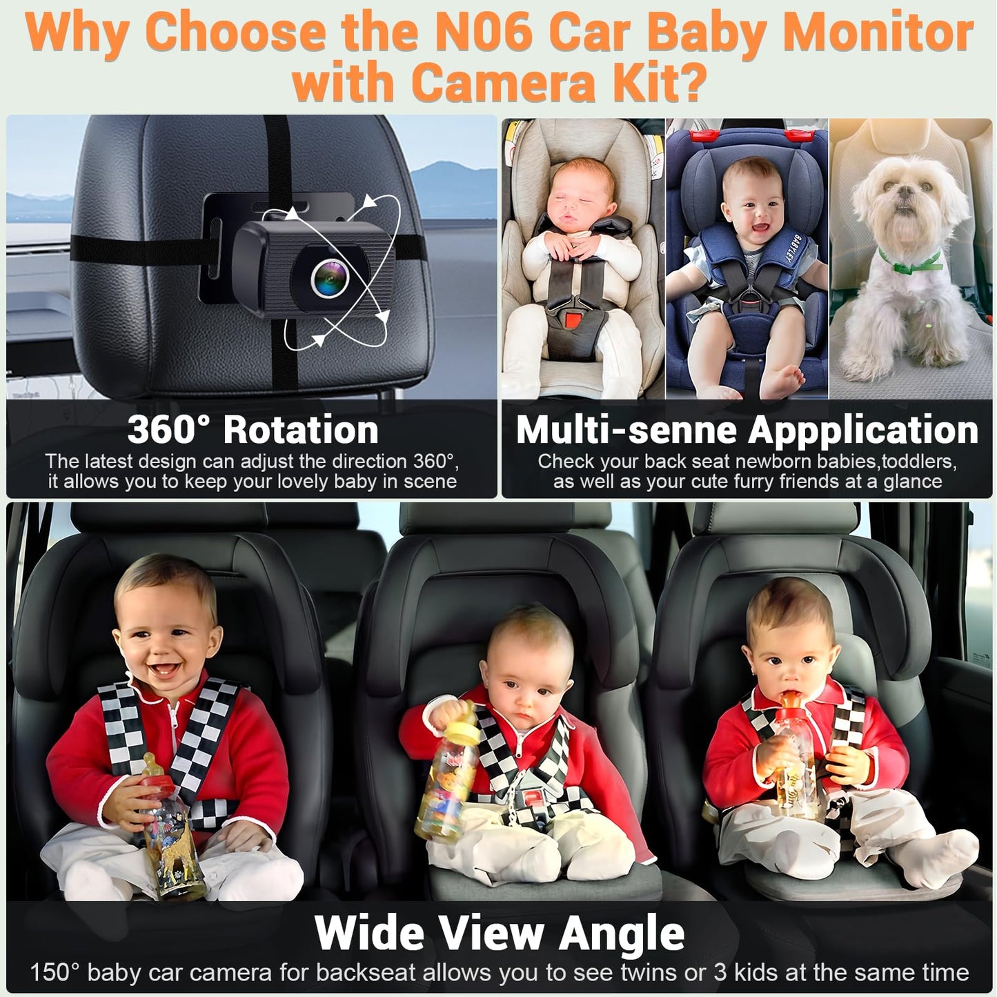 Rohent Baby Car Camera HD 1080P - Rear-Facing Infant Monitor with Night Vision Car Camera for Baby 150° Wide-Angle Lens Anti-Glare Screen Easy Install 360° Adjustable Display