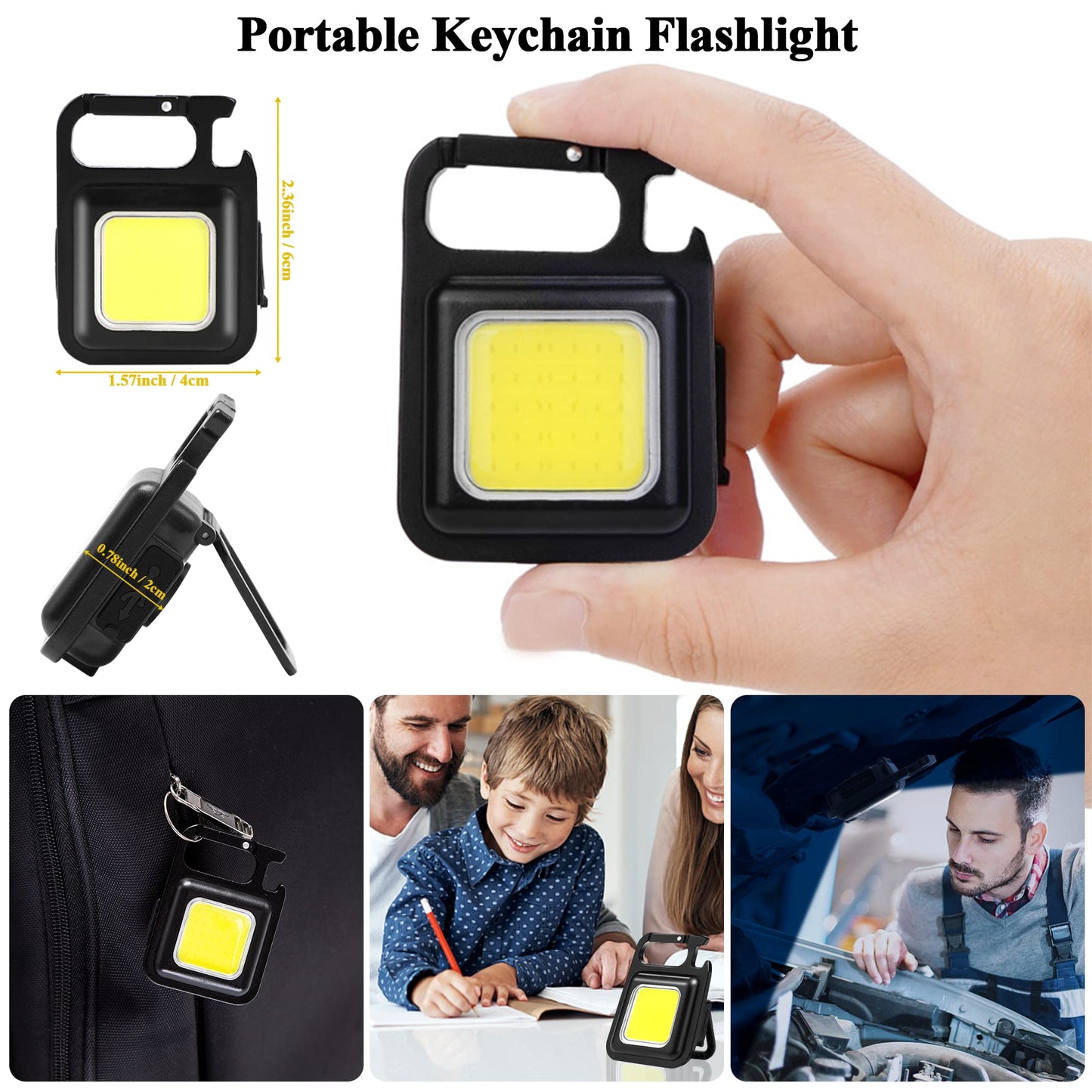 Small Flashlight, 1000Lumens Bright Rechargeable Keychain Flashlights, COB Mini Flashlight with 3 Light Modes, Portable Pocket Light with Folding Bracket, Bottle Opener and Magnet Base for Walking