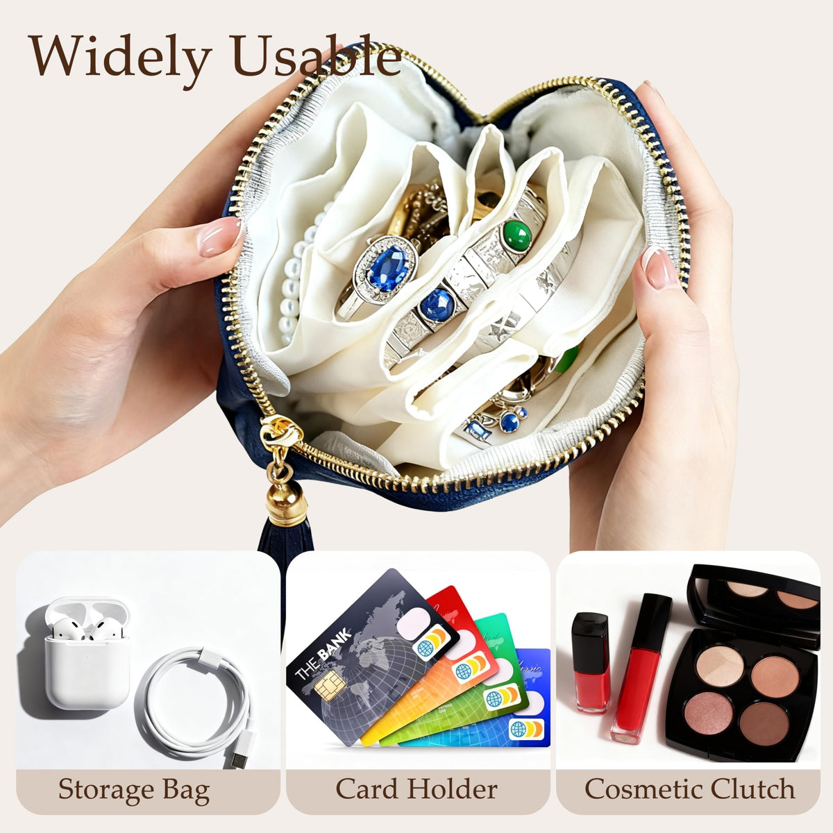 Travel Jewelry Case, Portable Jewelry Box with Organizer Pouches, Tassel Zipper, Small Storage Bag for Necklaces, Bracelets, Rings, Earrings and Gemstones, Valentines Gift for Women（Sapphire Blue）