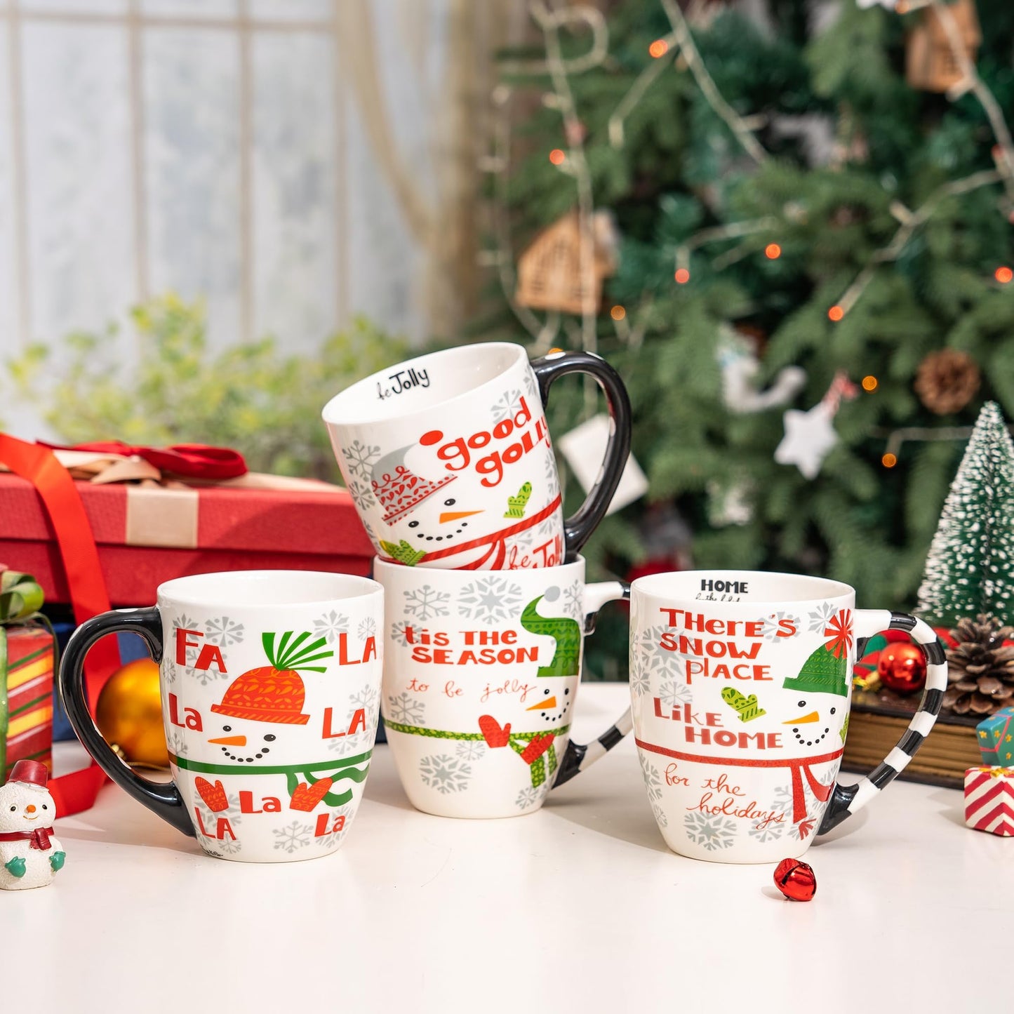 Topadorn 18 oz Christmas Mugs Set of 4, Ceramic Coffee Cups with Snowman & Christmas Hat Design - Gift for Family and Friends, Ideal for Holiday Party, Hot Chocolate, Tea
