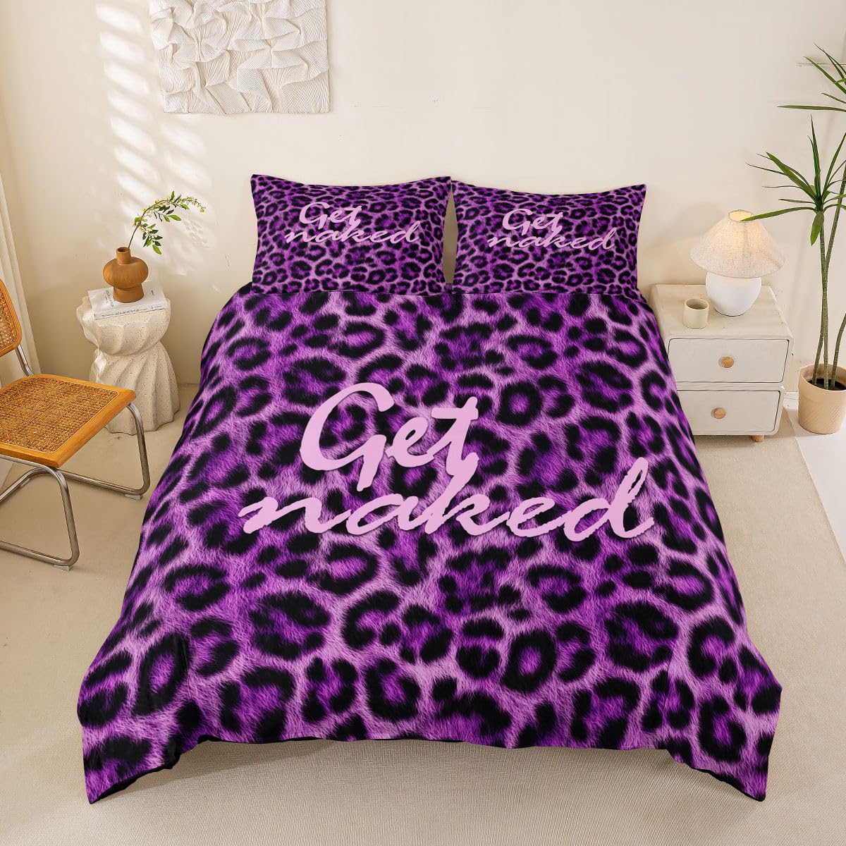 Feelyou Leopard Print Get Naked Duvet Cover King Size Funny Quotes Bedding Set for Boys Girls Purple Comforter Cover Cheetah Bedroom Decor 3Pcs
