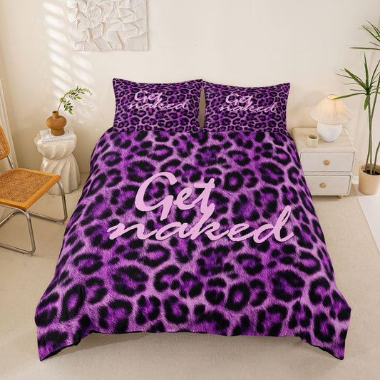 Feelyou Leopard Print Get Naked Duvet Cover King Size Funny Quotes Bedding Set for Boys Girls Purple Comforter Cover Cheetah Bedroom Decor 3Pcs