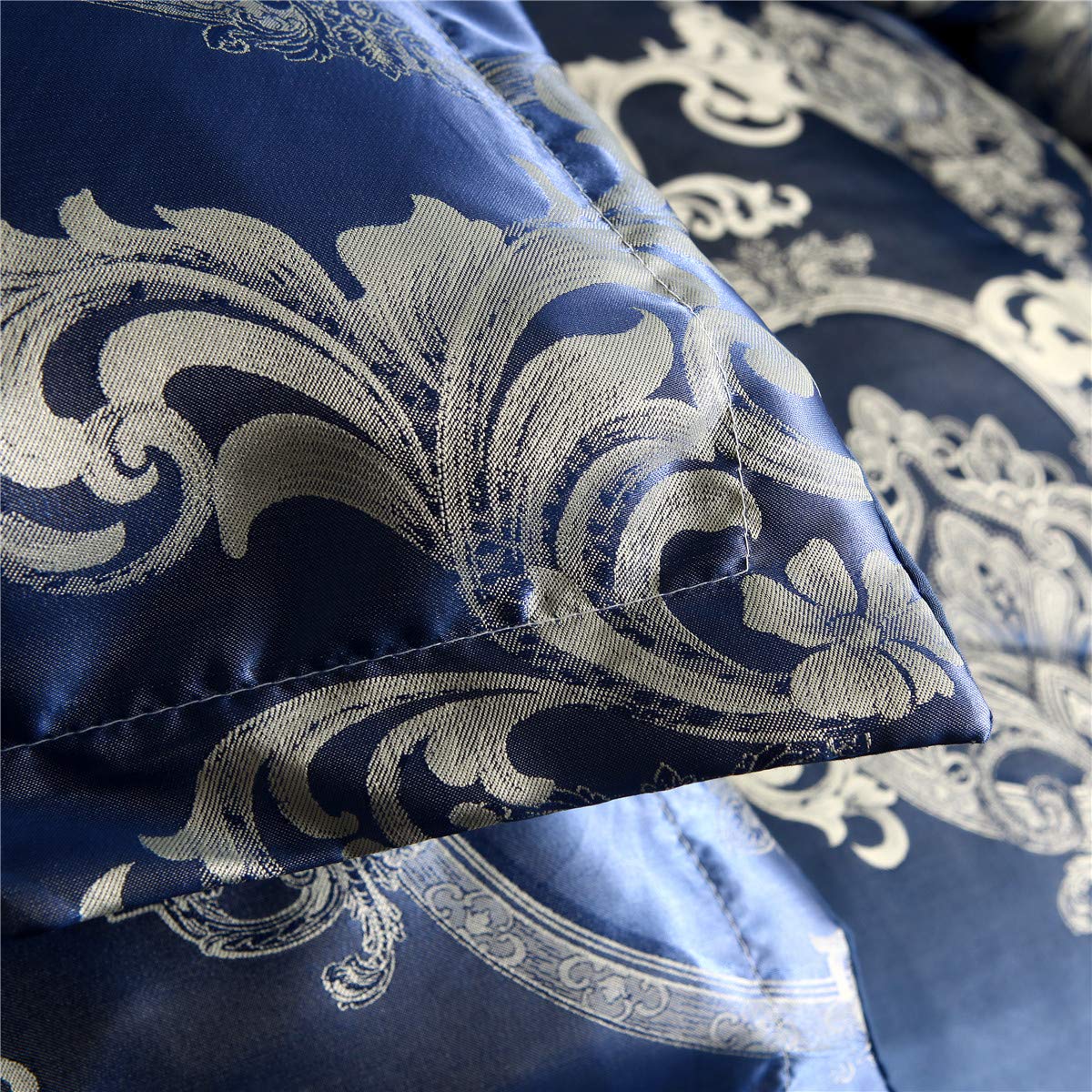 Raytrue-X Comforter Set Satin Silk Blanket All Season Bed Luxury Royal Blue Jacquard Quilt Bedding Sets Matching 2 Pillow Shams (Full/Queen, 88x88 inches, 3 Pieces)