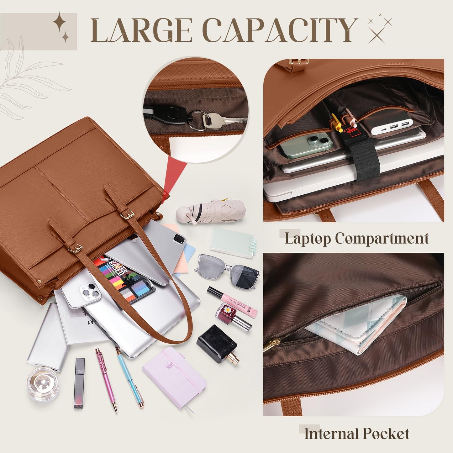 RAINSMORE Lunch Tote Bag for Women 15.6 Inch Laptop Bags with Insulated Lunch Compartment Large Leather Quilted Computer Tote for Teacher Nurse Work Collage Casual Brown