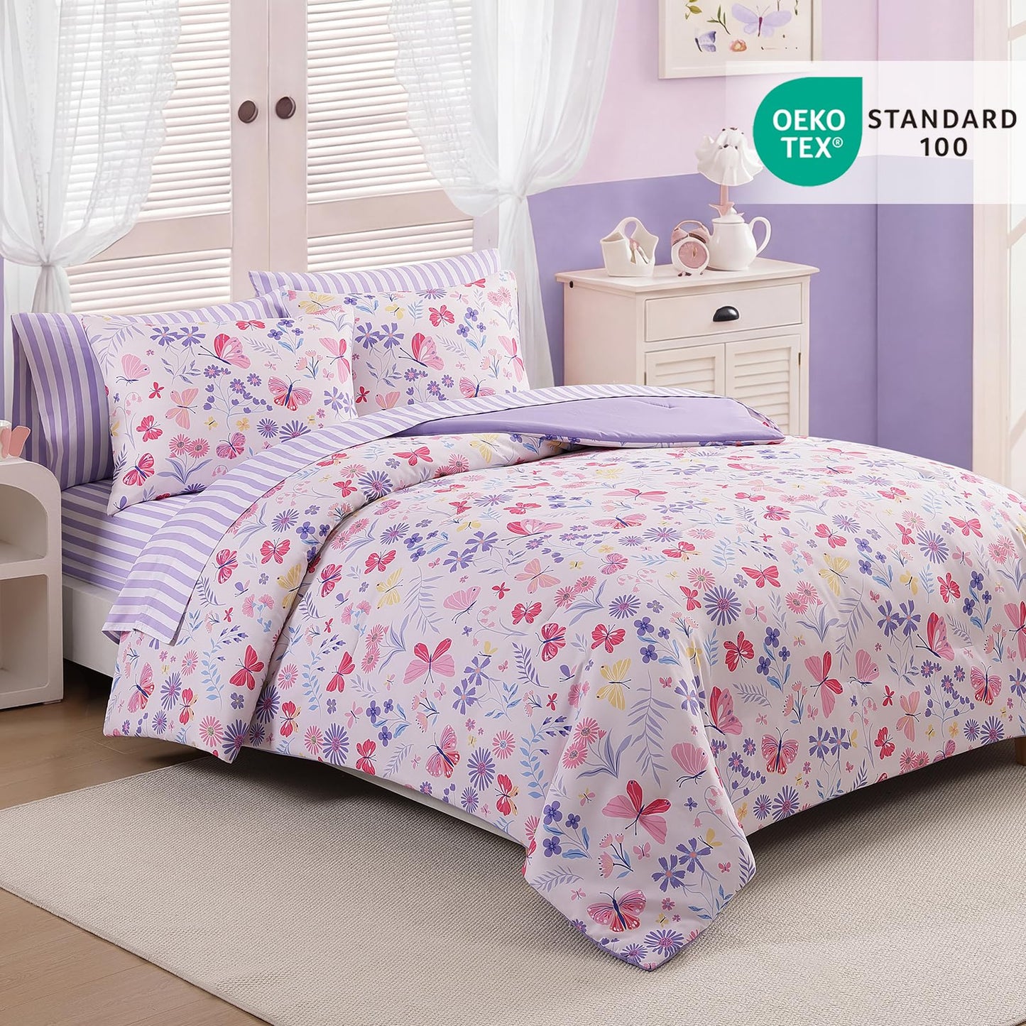 AMBERSPACE Twin XL Comforter Set for Girls, Butterfly Botanical Flowers Bedding Set, All Season Kids Bed in a Bag Dorm 5 Pieces with Sheets, Pillowcase & Sham
