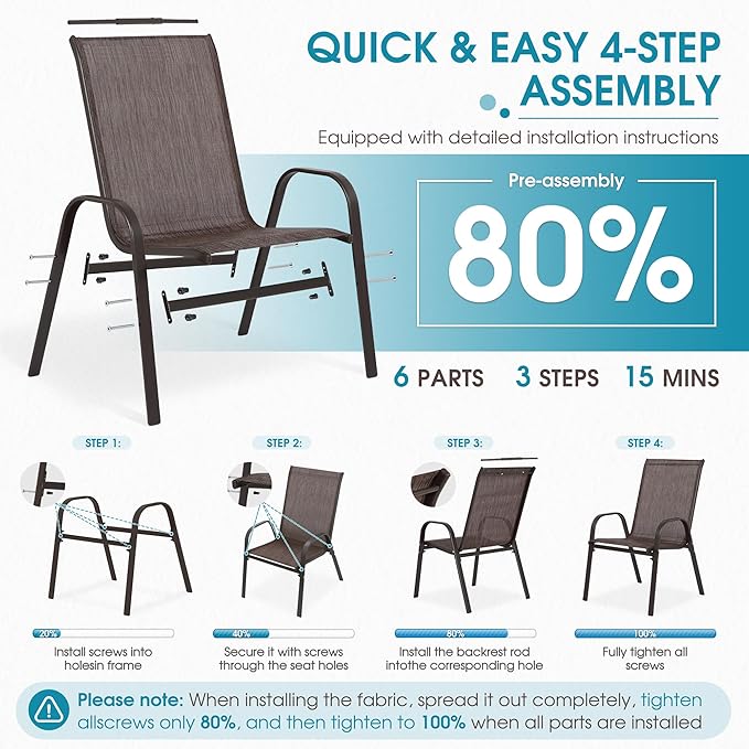 Outdoor Stackable Chairs Set of 8, Stacking Patio Chairs with Textilene Fabric, Outside Furniture for Garden Backyard Balconie Poolside Deck, Brown