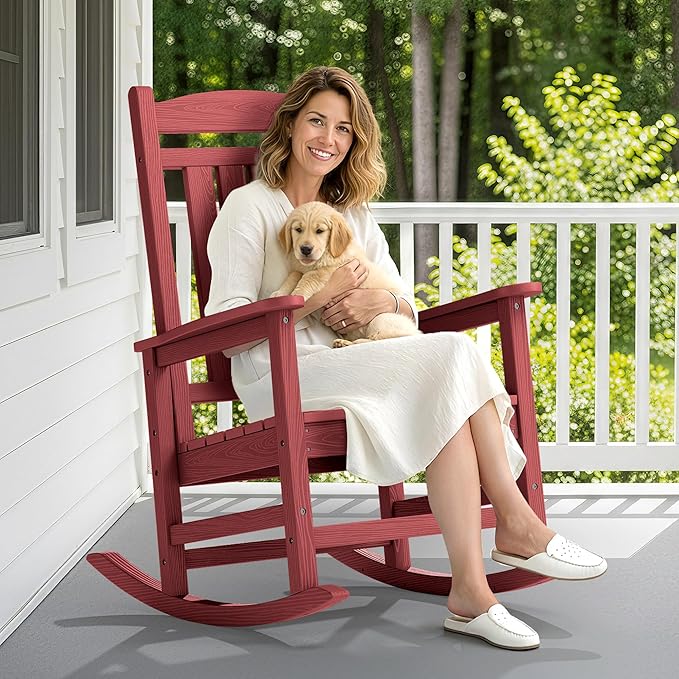SERWALL Oversized Outdoor Rocking Chair, All-Weather Patio Rocking Chair, HDPE Porch Rocker for Adults, Red