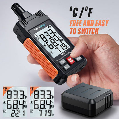 Protmex HT607 Temperature Humidity Meter High Precision Digital Hygrometer with Ambient, Relative Humidity, Dew Point, Wet Bulb Thermometer, Min/Max Hold, LCD Backlight with Cover Protector