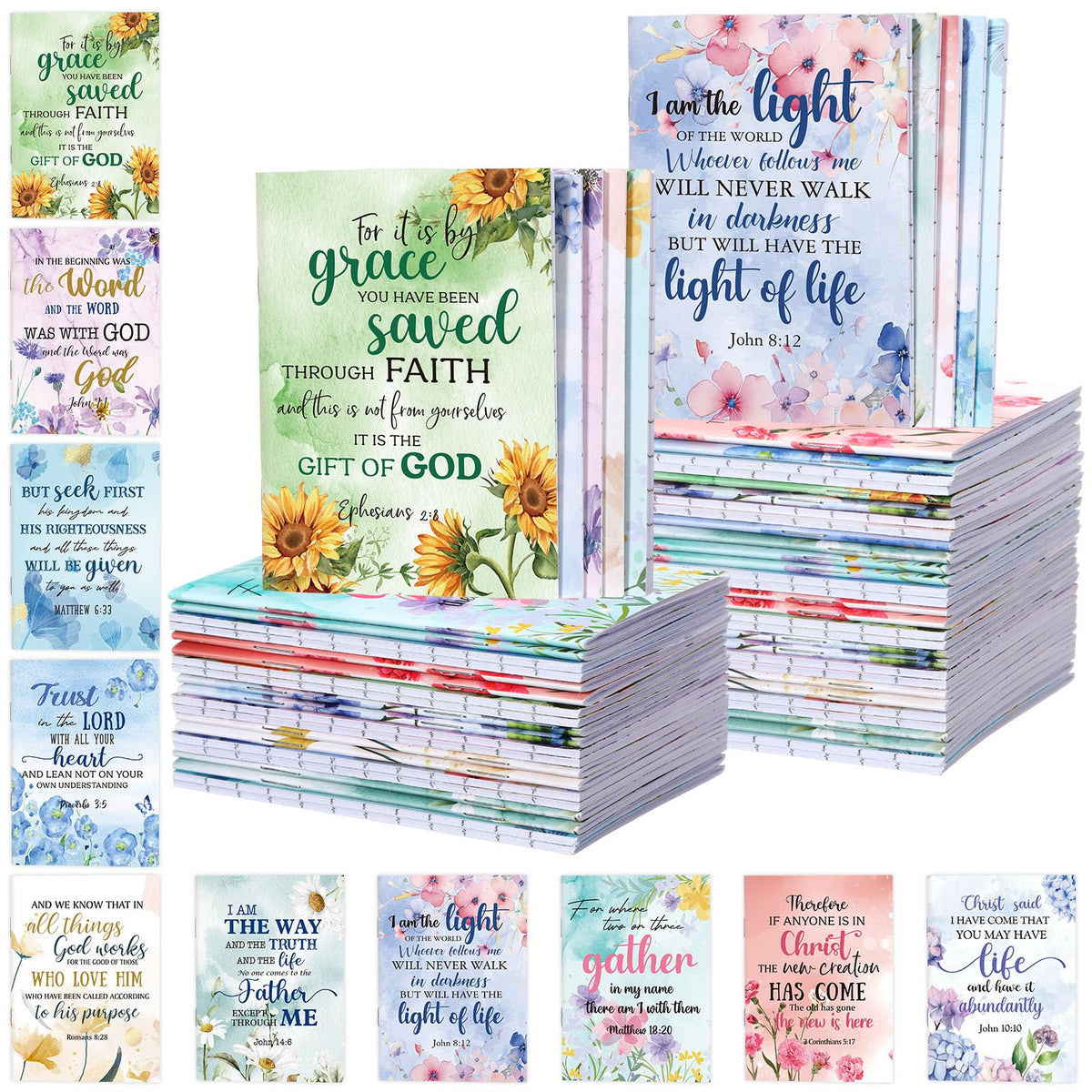 Kinlop 50 Pcs Easter Christian Gifts for Women, Small Prayer Journals with Bible Verses, Inspirational Religious Scripture Pocket Notebooks Bulk Set for Church Teachers Mother's Day (Floral)