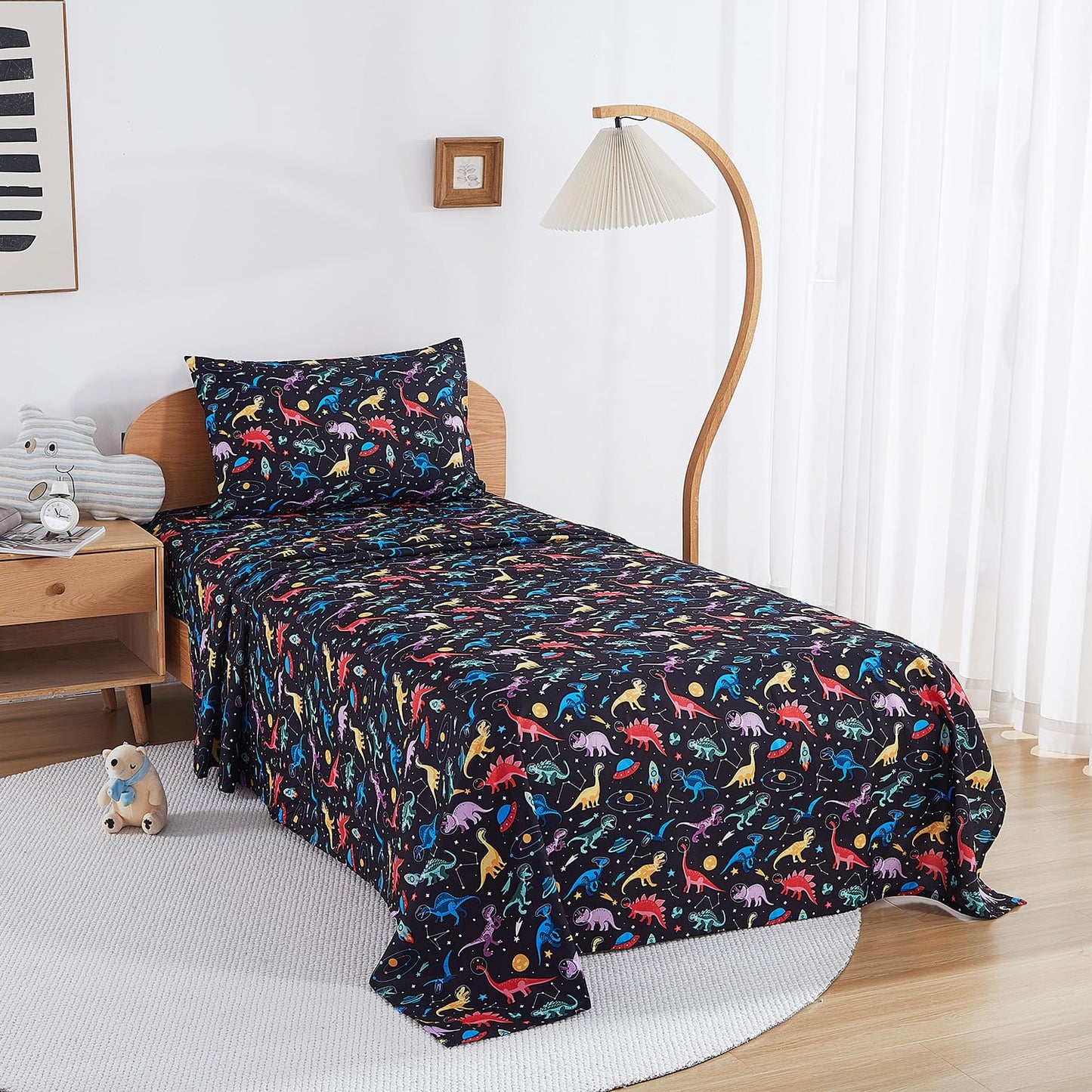 lasoftan Kids Sheet Set Twin Size, Twin Sheet Set with Space Dinosaur Pattern，Breathable Silky Soft Microfiber Kids Fitted Sheet