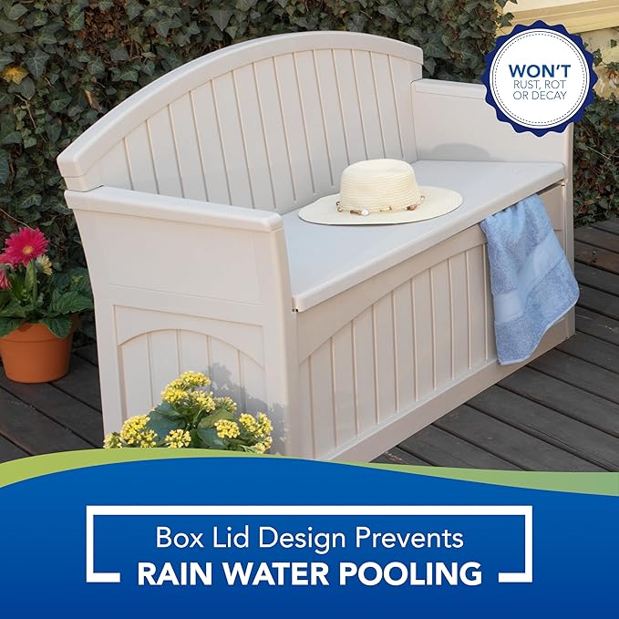 Suncast Outdoor Storage Bench - 50 Gallon Taupe Resin Outdoor Bench with Storage for Cushions, Tools & More. All-Weather Patio Deck Box with Seat for Porch, Pool, Yard, & Garden, Made in USA