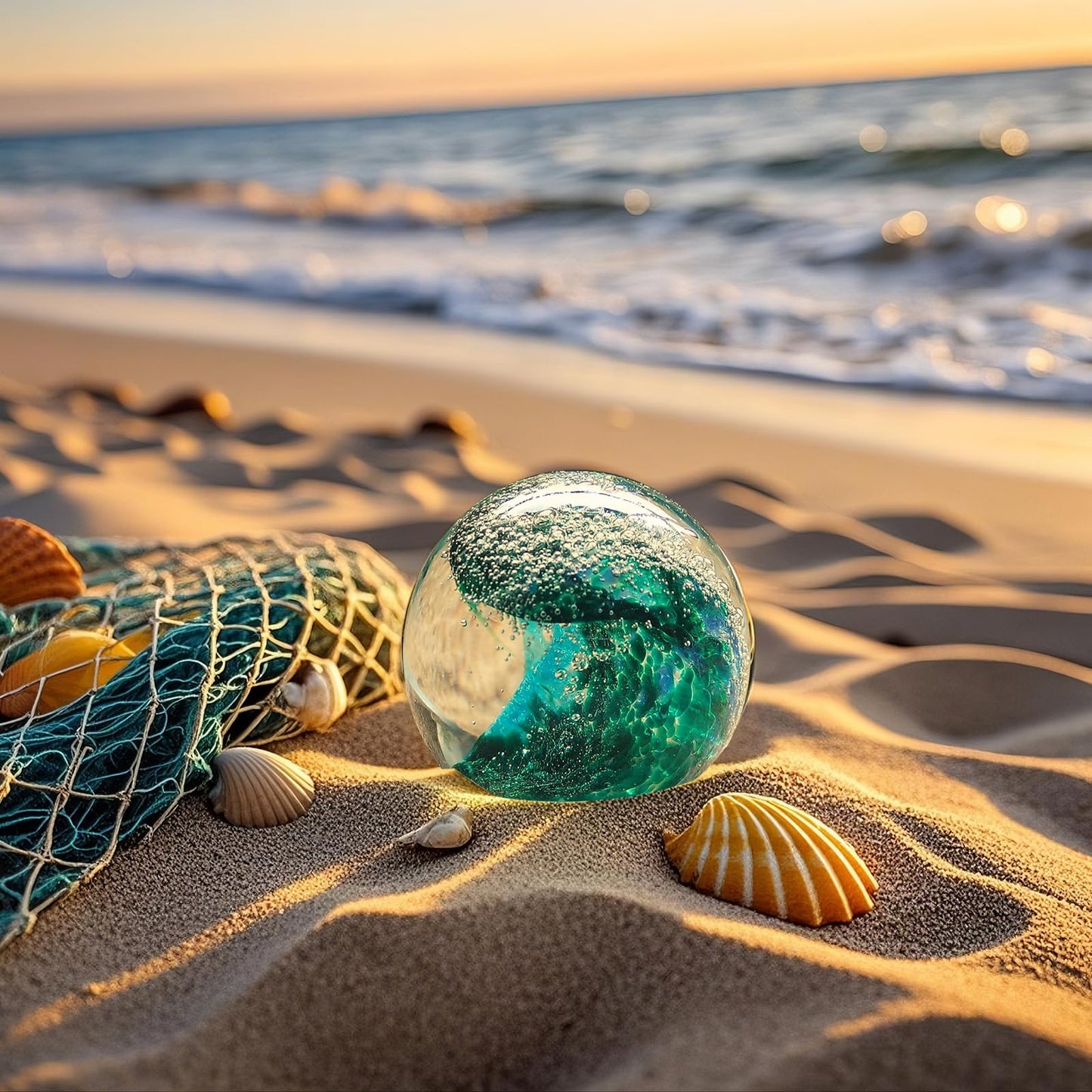 JUYOULE Hand Blown Glass Figurines Ball: Ocean Wave Design Glass Paper Weights, Beach Decorations for Home - Unique Ocean Themed Bathroom Decor and Gift for Ocean Lovers
