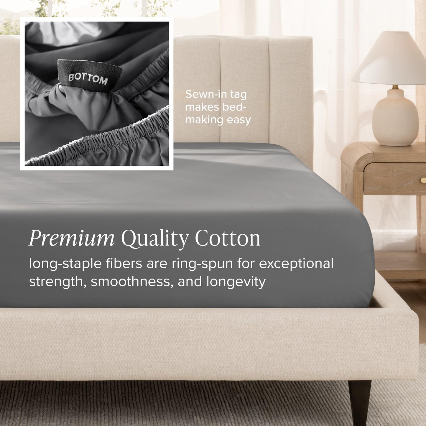 Bare Home 100% Organic Cotton Sateen Fitted Sheet - 400 Thread Count - Smooth Sateen Weave - Breathable & Cooling - Hotel Luxury - Durable Fitted Sheet - Deep Pocket (King, Grey)