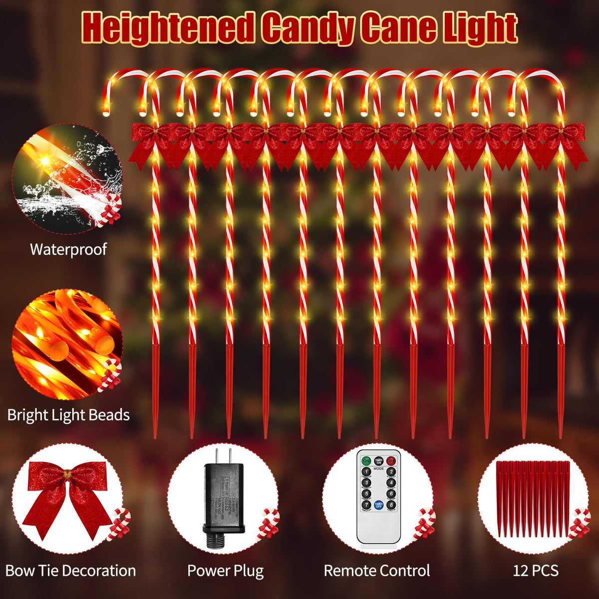 Christmas Candy Cane Pathway Lights, 24PCS 240 LED Christmas Lights Outdoor Decorations with Red Bow Waterproof, 8 Modes Timer Remote Walkway for Xmas Home Yard Lawn Patio Decor