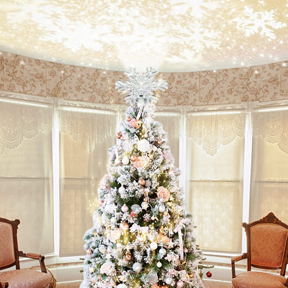 Christmas Tree Topper with 3D Snowfake Projector,fohuas LED Rotating Snowflake Xmas Festival Ornament Light Lamp,Glitter Sparkling Hollow Lighted Silver White Snow Tree-top Decoration