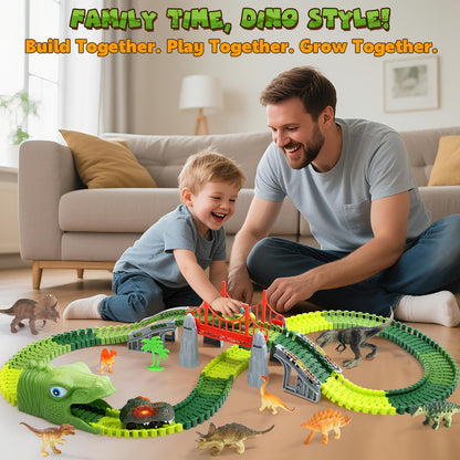 EagleStone Dinosaur Track Set for Kids – 225 PCS Flexible Race Tracks,1 Electric Dino Cars with Light, 8 Dino Figures, Dinosaur Head Tunnel,Christmas Birthday Gift for 3-8 Year Old Boys and Girls