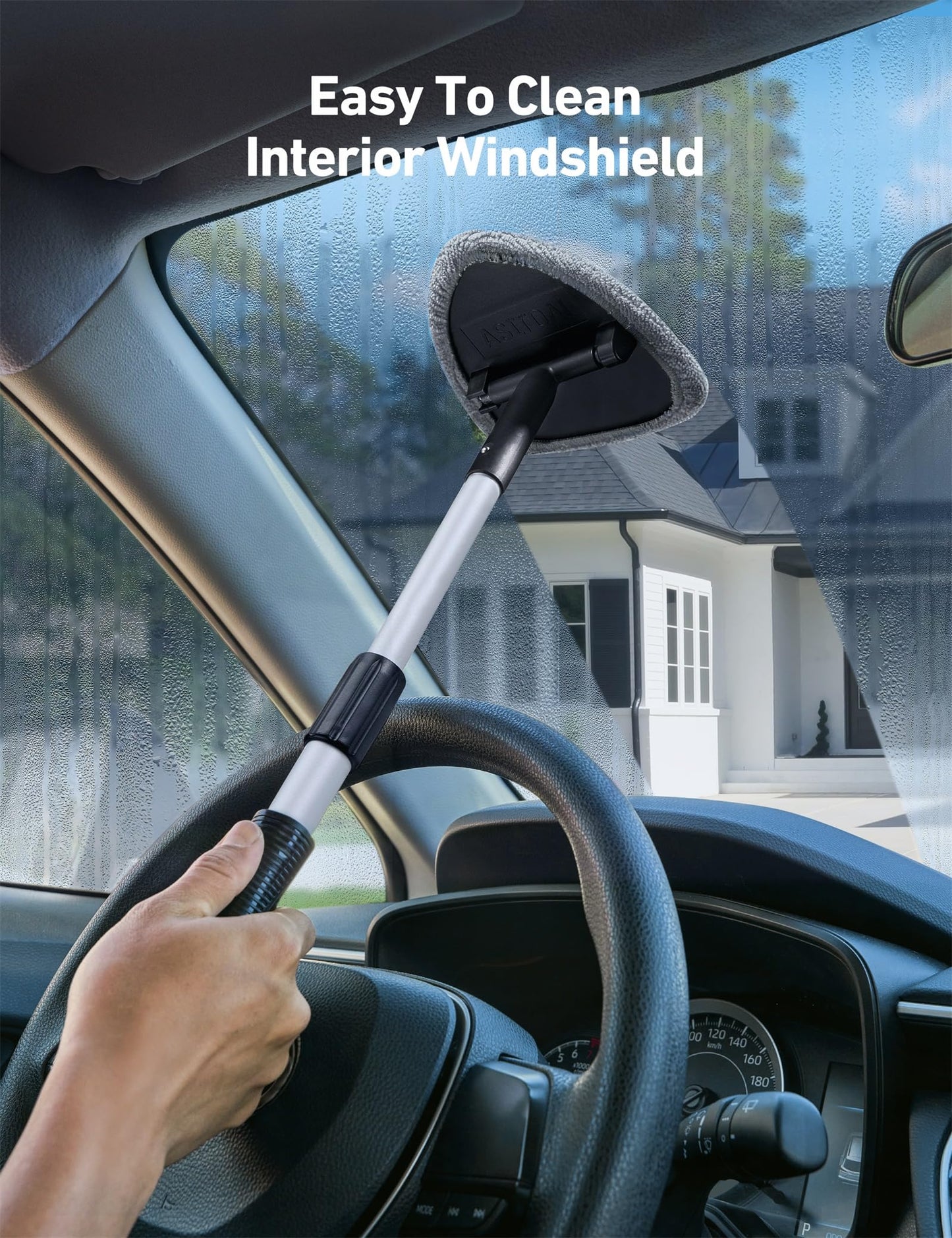 AstroAI Car Windscreen Cleaner, 4 Reusable and Washable Microfiber Pads, Windshield Cleaning Wand Tool with Telescopic and Extendable Handle Auto Inside Glass Wiper Kit, Grey