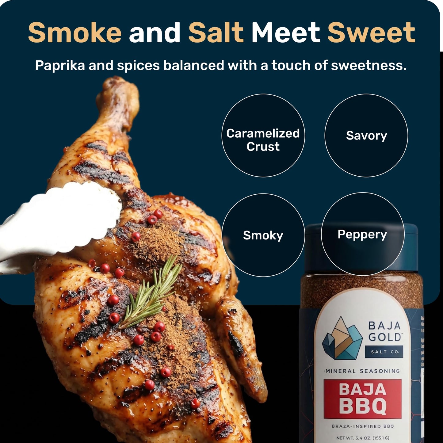 Baja Gold BBQ Seasoning, Smoky Barbecue Rub Blend with Paprika Cane Sugar Black Pepper and Mineral Sea Salt, for Ribs Chicken Pork and Burgers, All Purpose Seasoning and Meat Rub, 5.4 Oz