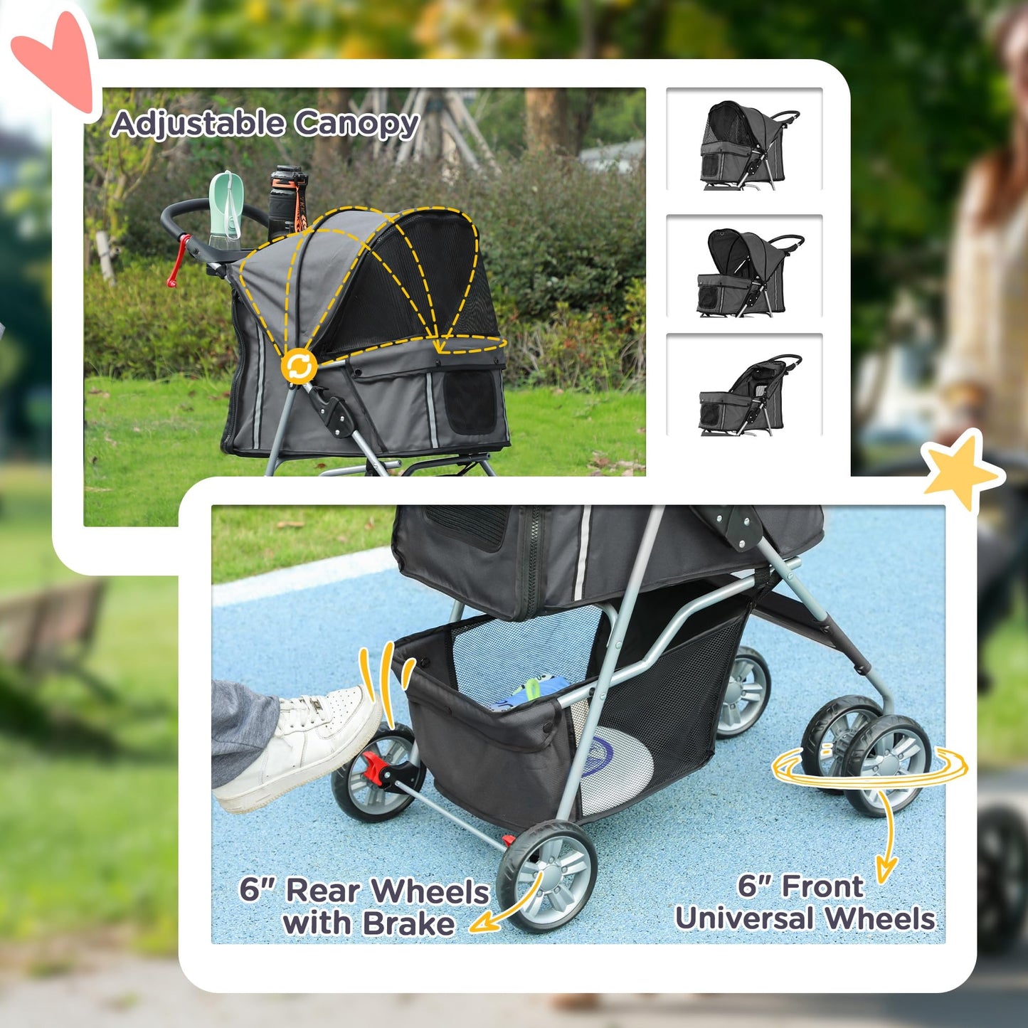 PawHut Pet Stroller for Small Miniature Dogs Cats Foldable Travel Carriage with Wheels Zipper Entry Cup Holder Storage Basket Grey