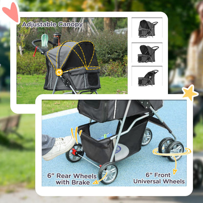 PawHut Pet Stroller for Small Miniature Dogs Cats Foldable Travel Carriage with Wheels Zipper Entry Cup Holder Storage Basket Grey
